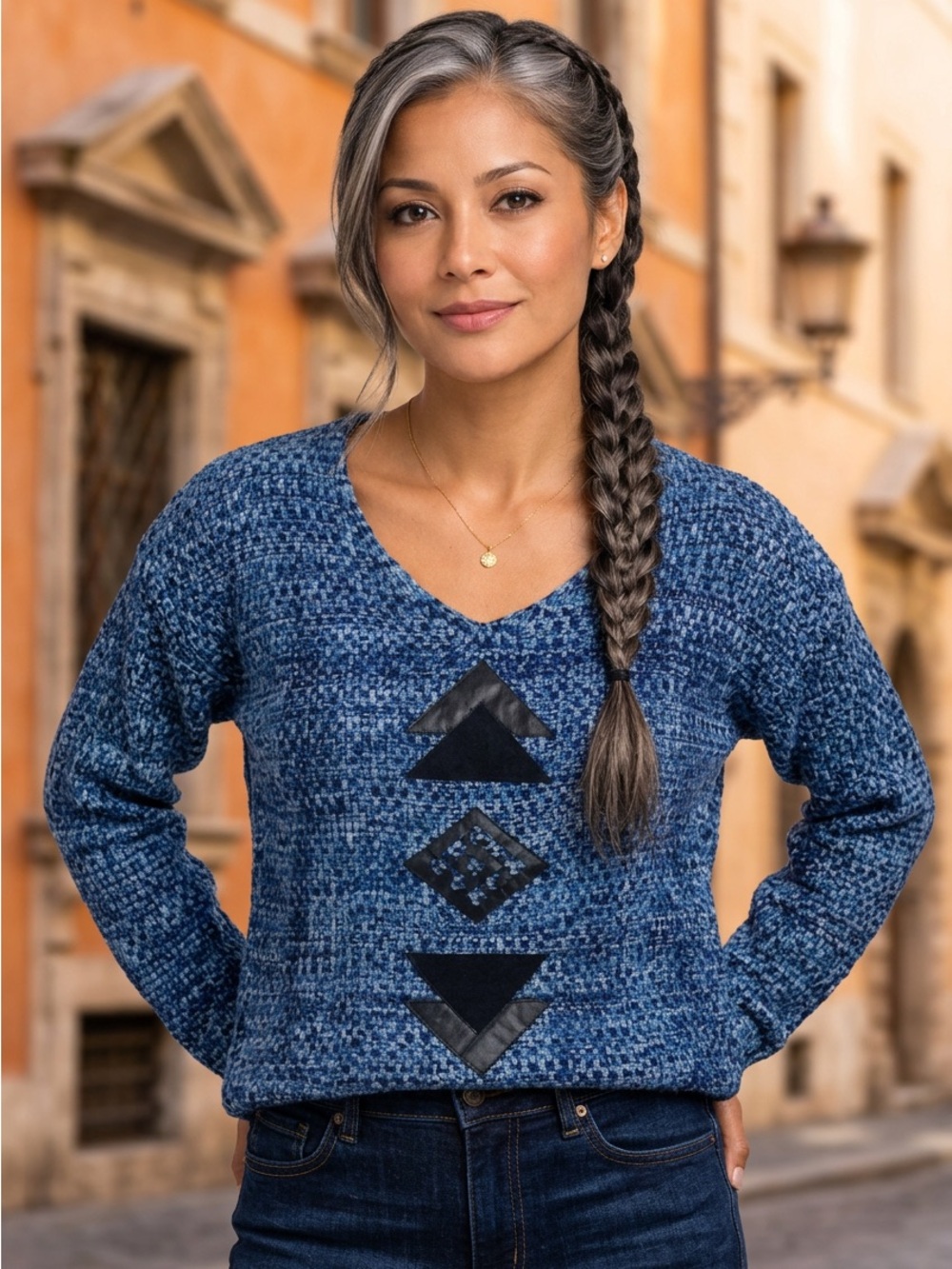 Eyeshadow Crew Neck Knit Sweater With Faux Leather Accents Blue Black Womens M